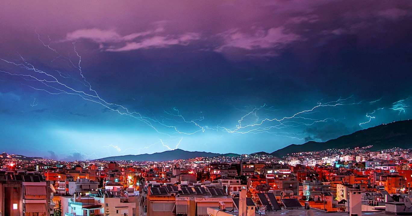 lightning storm over city of athens